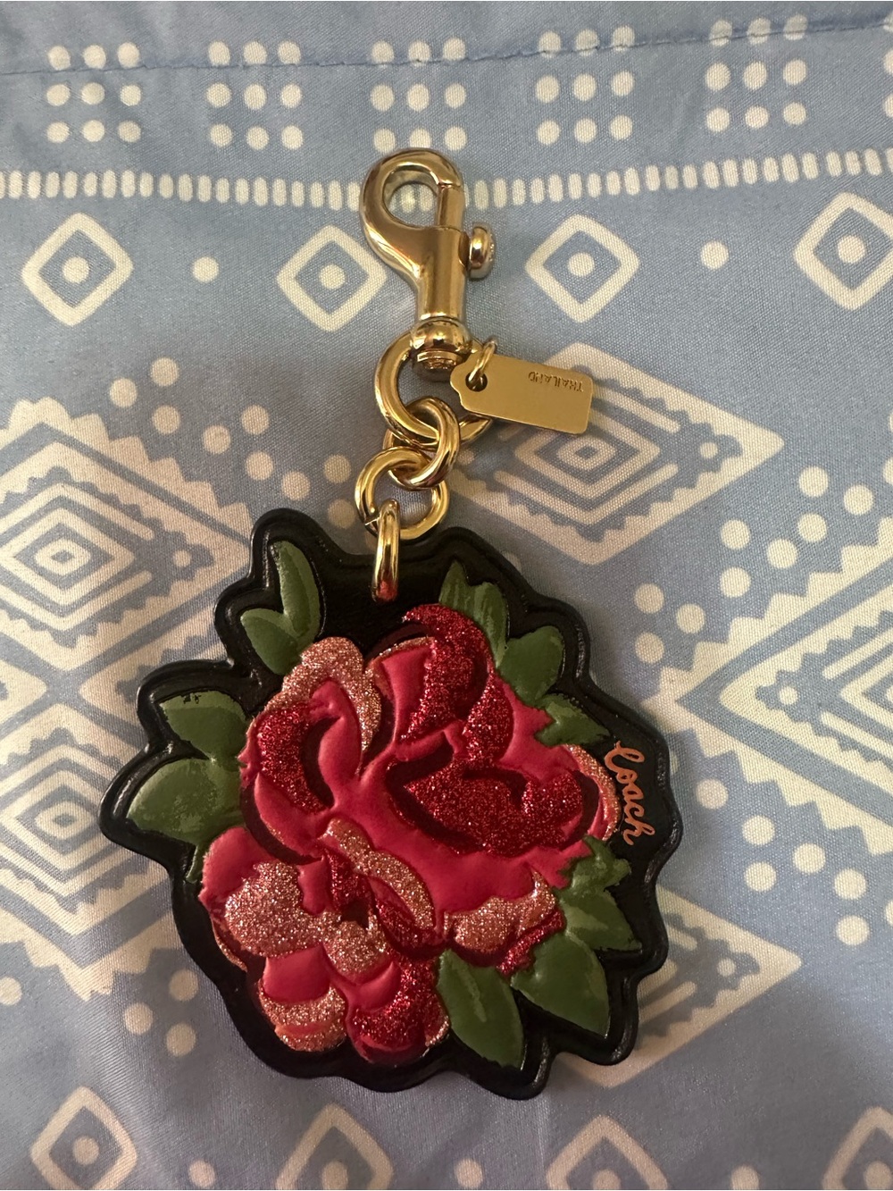 Coach Pink & Green Floral Leather Key Charm with Gold Hardware - Picture 3 of 4